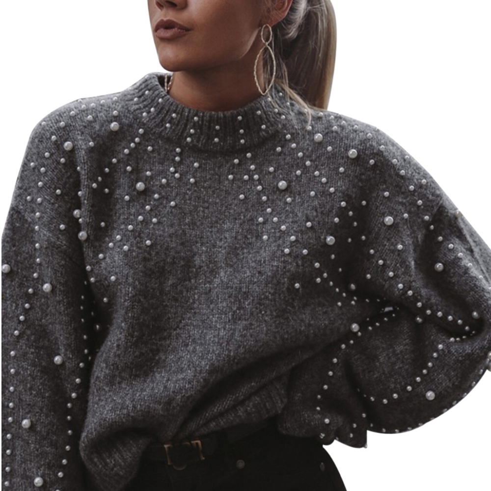 Pearl Beading Lantern Sleeve High Neck Sweater - Picture 3 of 8